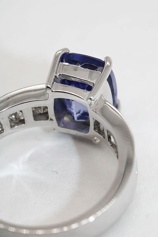 Tanzanite Cushion Cut and Diamond Baguette Ring