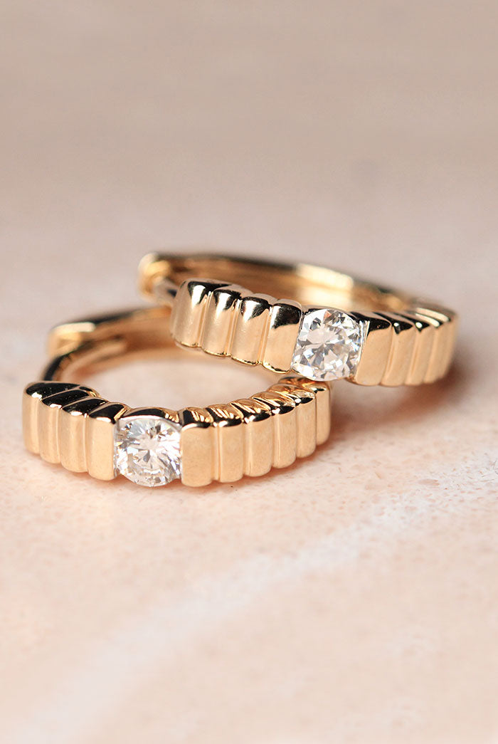 Yellow gold ribbed diamond hoops